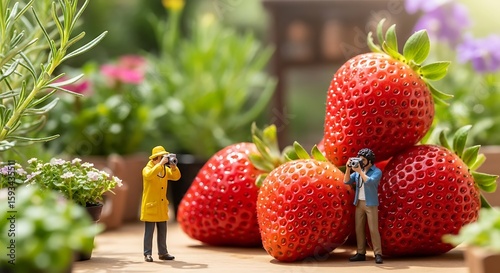 Miniature Photographer Captures Giant Strawberries in Garden Setting