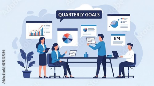 Business team analyzes quarterly goals with charts and graphs in a modern office setting.