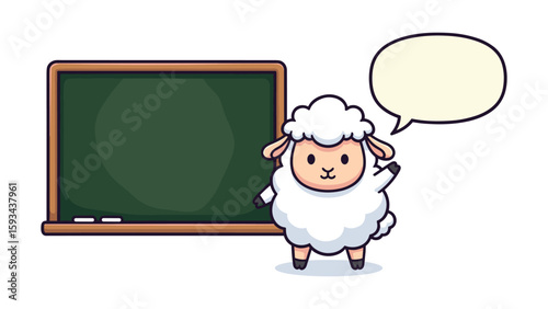 Cute cartoon sheep character teaching at a blackboard with speech bubble illustration