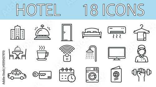 Hotel Vector Icon Set | Outline | Travel, Service, Amenities, Vacation