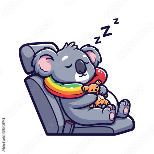 Adorable Koala Cartoon Napping in Car Seat with Plush Toy Vector Illustration