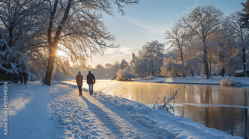 A serene winter stroll, two figures walking along a snowy path next to a reflective river during golden hour.