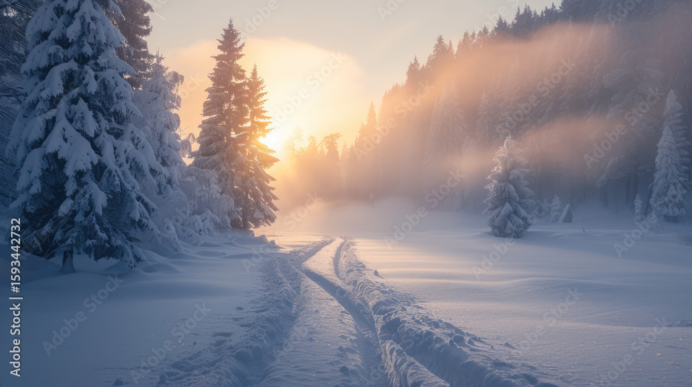 Naklejka premium Snowy landscape featuring snow-covered trees, tracks, and a sunrise illuminating the winter scene.