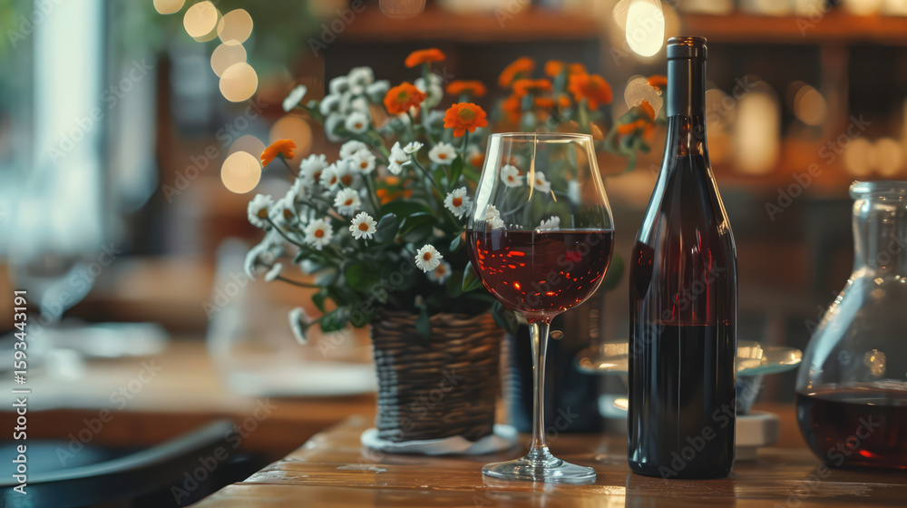 Obraz premium Elegant wine setting with a glass of red wine beside a bottle and a flower bouquet on a wooden table.