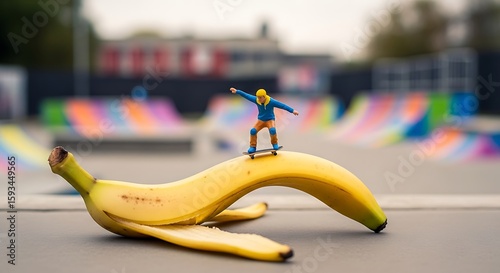 Miniature Skateboarder on Banana Ramp: Whimsical Skate Park Scene