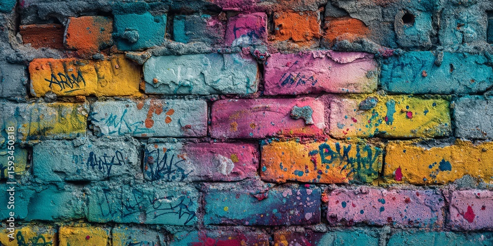 Fototapeta premium Colorful Graffiti on Urban Brick Wall with Vibrant Splash of Paints in Rainbow Hues and Distinctive Textures Showcasing Modern Street Art Culture