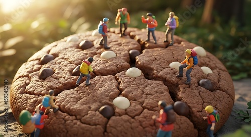 Miniature Hikers Scale a Giant Chocolate Chip Cookie Mountain in Golden Sunlight