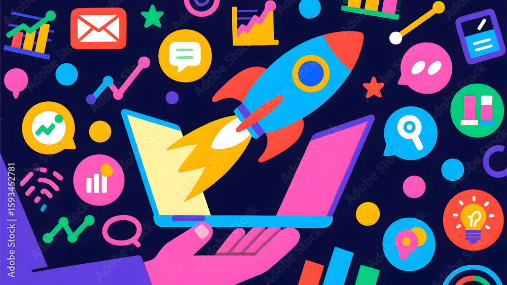 Fototapeta premium Startup Launch Rocket Soaring from Laptop Screen - Concept of Business Growth and Digital Innovation