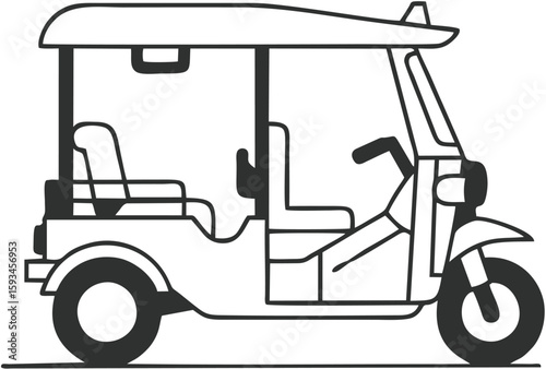 Simple line drawing of a three-wheeled Asian auto-rickshaw.