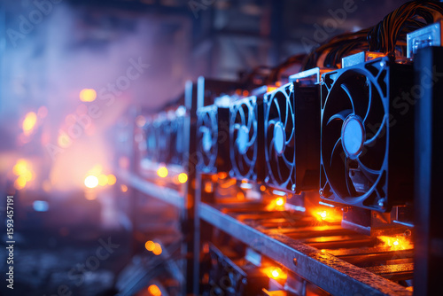 High-angle shot of dual GPU system framed by vibrant coolant flow and fans