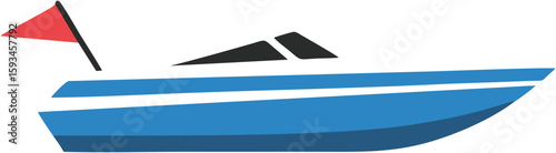 A small blue motorboat with a red flag, depicted in a simple, flat style.