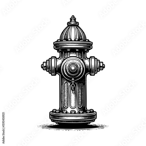 Water hydrant engraving black and white outline. Scratch board imitation.  illustrated in vintage line art style on a white background.