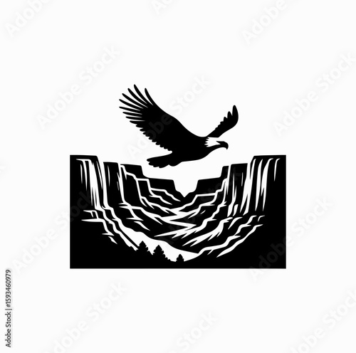 Grand Canyon with Soaring Eagle – Black and White Vector Silhouette