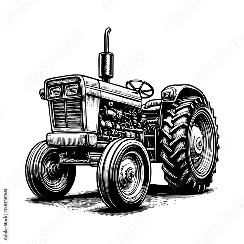 Tractor on farm field engraving black and white outline. Scratch board imitation.  illustrated in vintage line art style on a white background.