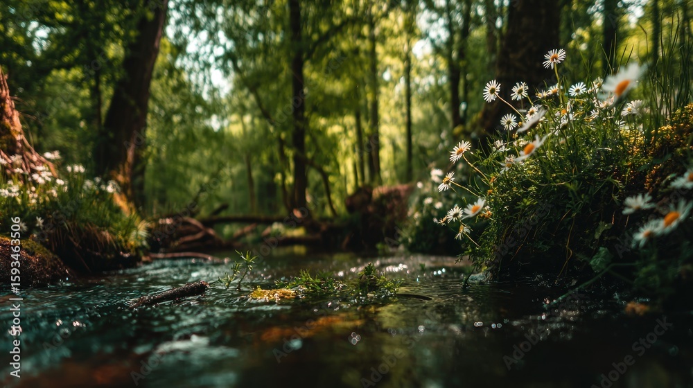 Obraz premium A tranquil forest stream with wildflowers