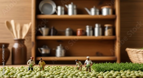 Miniature Farmers Harvesting Peas: A Rustic Tabletop Scene