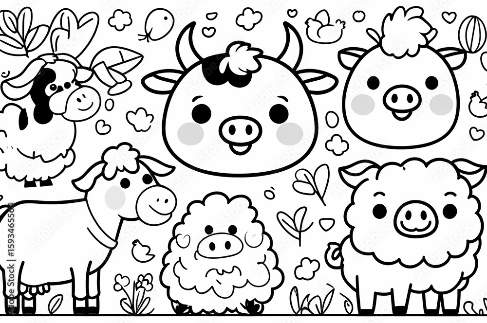 Obraz premium Cute Farm Friends Line Art for Kids