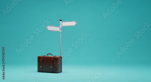 A travel suitcase with a directional signpost symbolizing a life journey and the choice of a new path or destination.