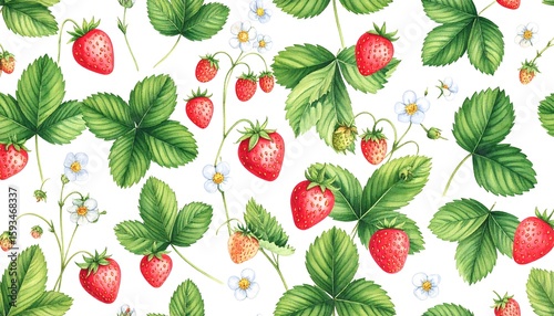 Watercolor strawberries and leaves pattern