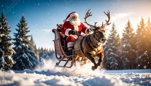 Santa Claus in a sleigh pulled by reindeer in snowy forest