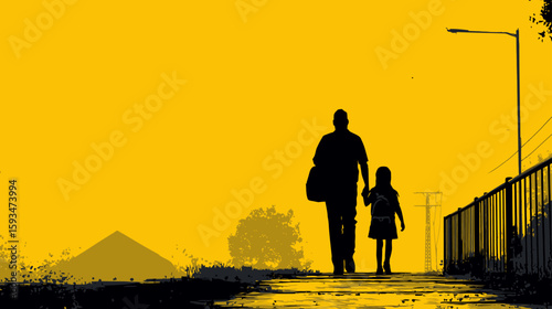 Parent Holding Child's Hand Walking Together – Black Silhouette Illustration

