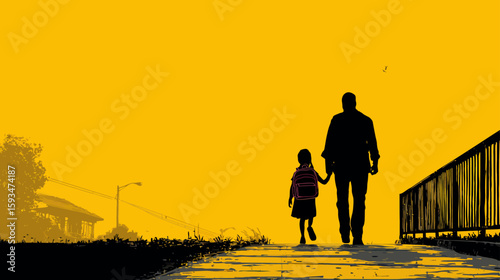 Parent Holding Child's Hand Walking Together – Black Silhouette Illustration

