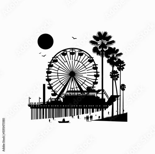 Santa Monica Ferris Wheel and Palm Trees – Black and White Vector Logo