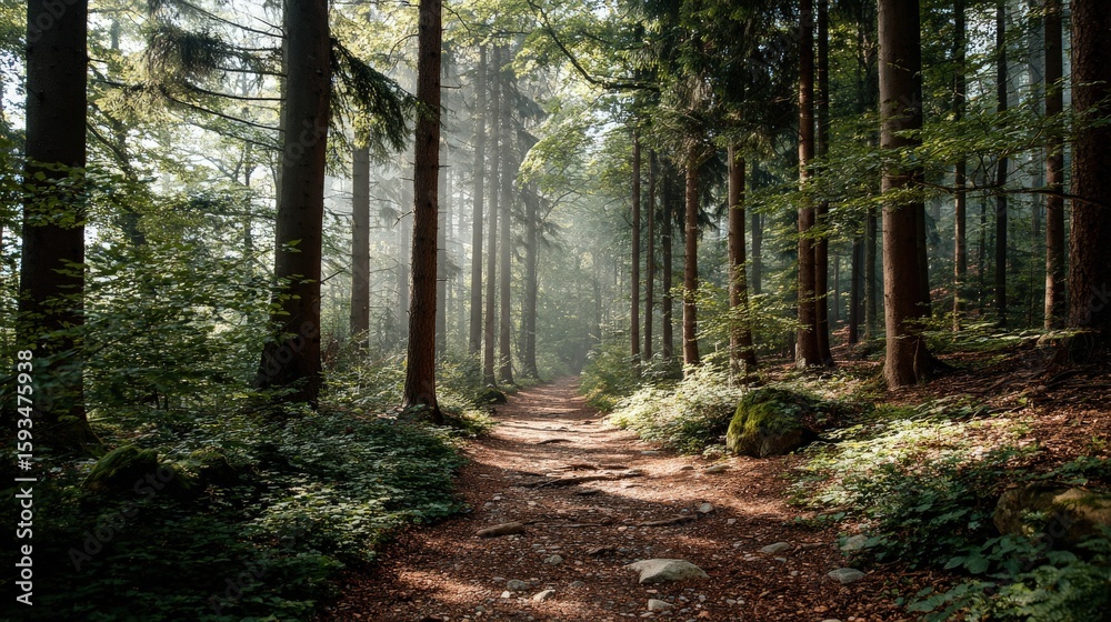 Fototapeta premium Path Through Forest with Tall Trees and Sunlight