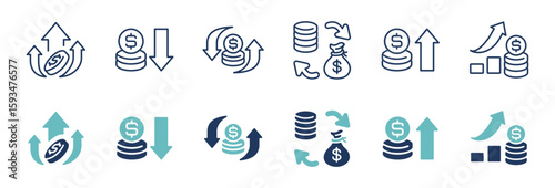 business growth money cash flow icon line set financial profit income dollar arrow sales chart economy wealth signs vector outline illustration
