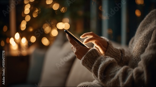 Hands using mobile phone, cozy evening