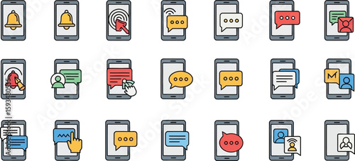 Collection of smartphone illustrations messaging featuring various app notifications and chat bubbles in a grid layout