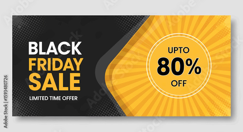 Black Friday Sale Banner Dynamic Design with Up to 80% Off, Featuring Limited Time Offer in Geometric Modern Style 