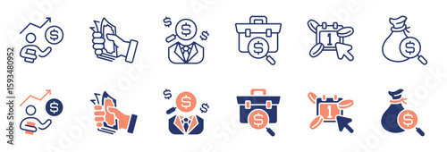 work salary paycheck income icon line set employee working payment success achievement magnifier search business earning signs vector illustration