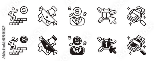simple finance income employee work salary icon line set job earning paycheck money achievement magnifier search dollar money signs vector illustration