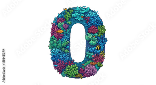 Vector coral reef illustration featuring the number zero underwater marine life and colorful sea creatures design