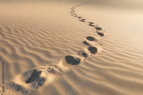 Sand dune landscape featuring a trail of footprints receding into the distance on sculpted sand, concept for remote travel, desert exploration and journey metaphor