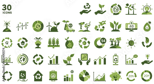 Collection of thirty green eco friendly and environmental icons set