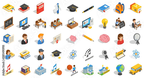 Isometric education icons set with school supplies and student elements