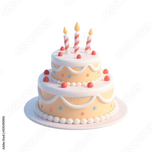 3d Two tier birthday cake with candles isolated on transparent background