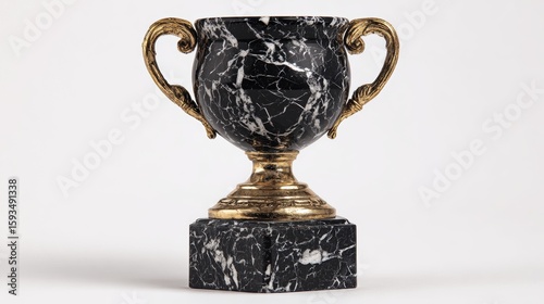 Elegant black marble trophy cup with gold handles on a white background perfect for award ceremonies