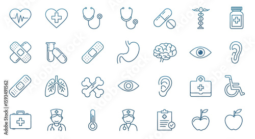 Medical icons set in outline style showing various health elements