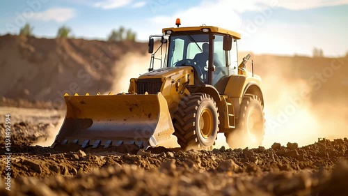 Yellow Tractor Working On Construction Site