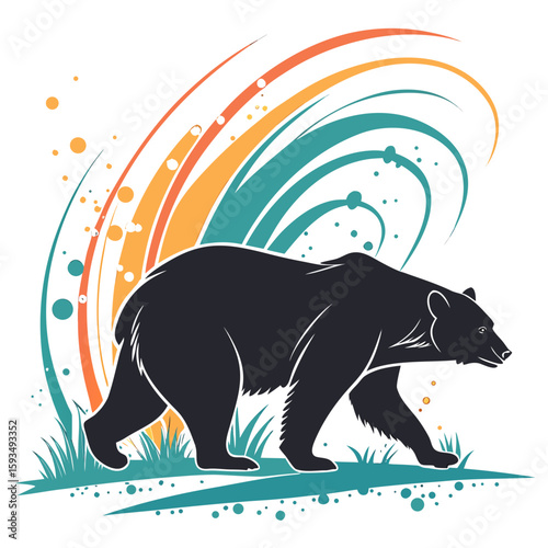 Vector abstract silhouette of a bear walking, with creative brush stroke effects and artistic colorful paint splashes