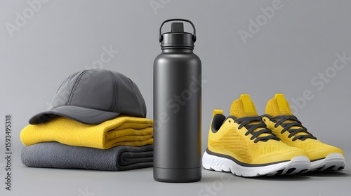 Bright yellow athletic shoes a black metal water bottle and folded towels with a grey baseball cap