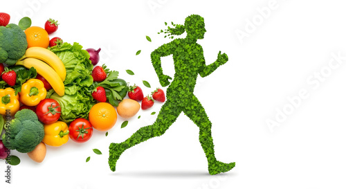 A vibrant green silhouette of a running person made of leaves, surrounded by an abundance of fresh fruits and vegetables, symbolizing healthy living and nutrition.