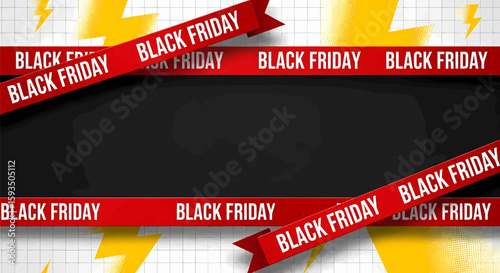 Stylish Black Friday Illustration Design with Abstract Shape and Red Banners for Promotion.