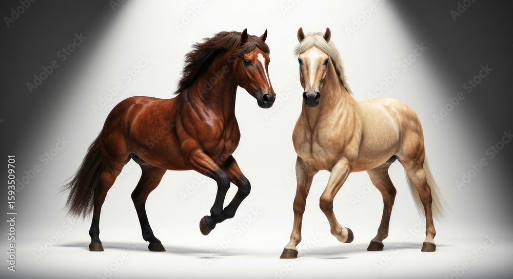 Obraz premium Dynamic duo portrait showcasing contrasting horse breeds in elegant light staging