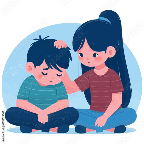flat vector illustration of a girl comforting a crying boy, suitable for websites and blogs about empathy, support, childhood, feelings, or mental well-being
