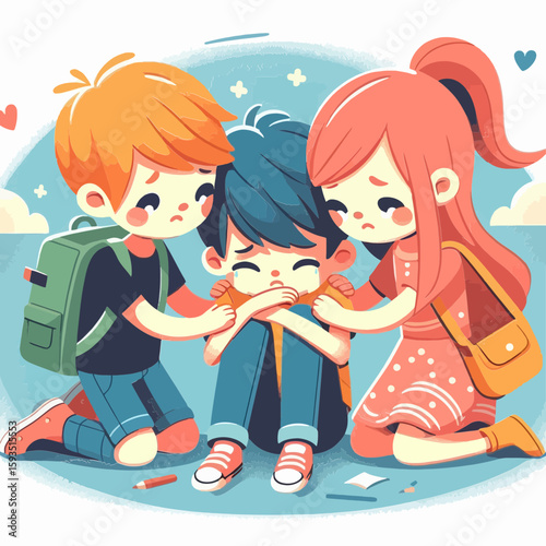 charming flat-design illustration shows two children comforting a crying child, ideal for blogs on social issues, childhood support, or empathy among peers.