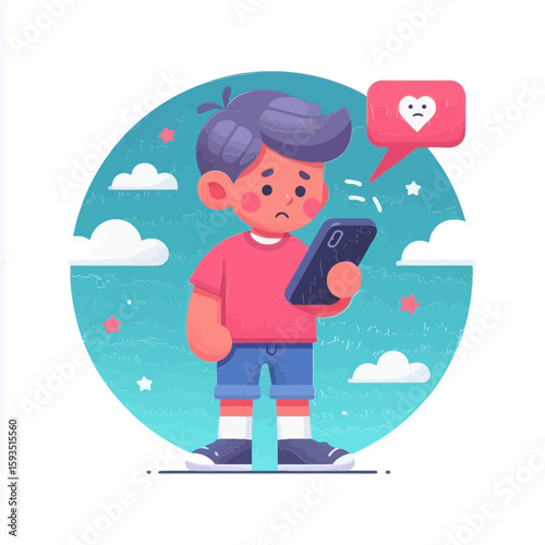 charming flat-design illustration of a sad boy looking at his phone with a sad like notification is perfect for blogs about social media impact, cyberbullying, or online emotions.

